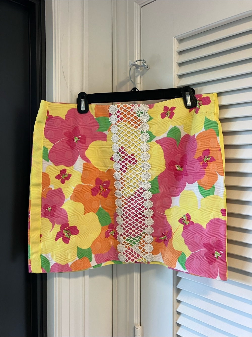 Lilly Pulitzer Yellow, Pink & Orange Floral Mini Skirt with White Lace Panel